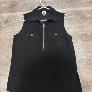 Anne Klein Black Short Sleeve Blouse with Gold Zipper And Button Detail Size L